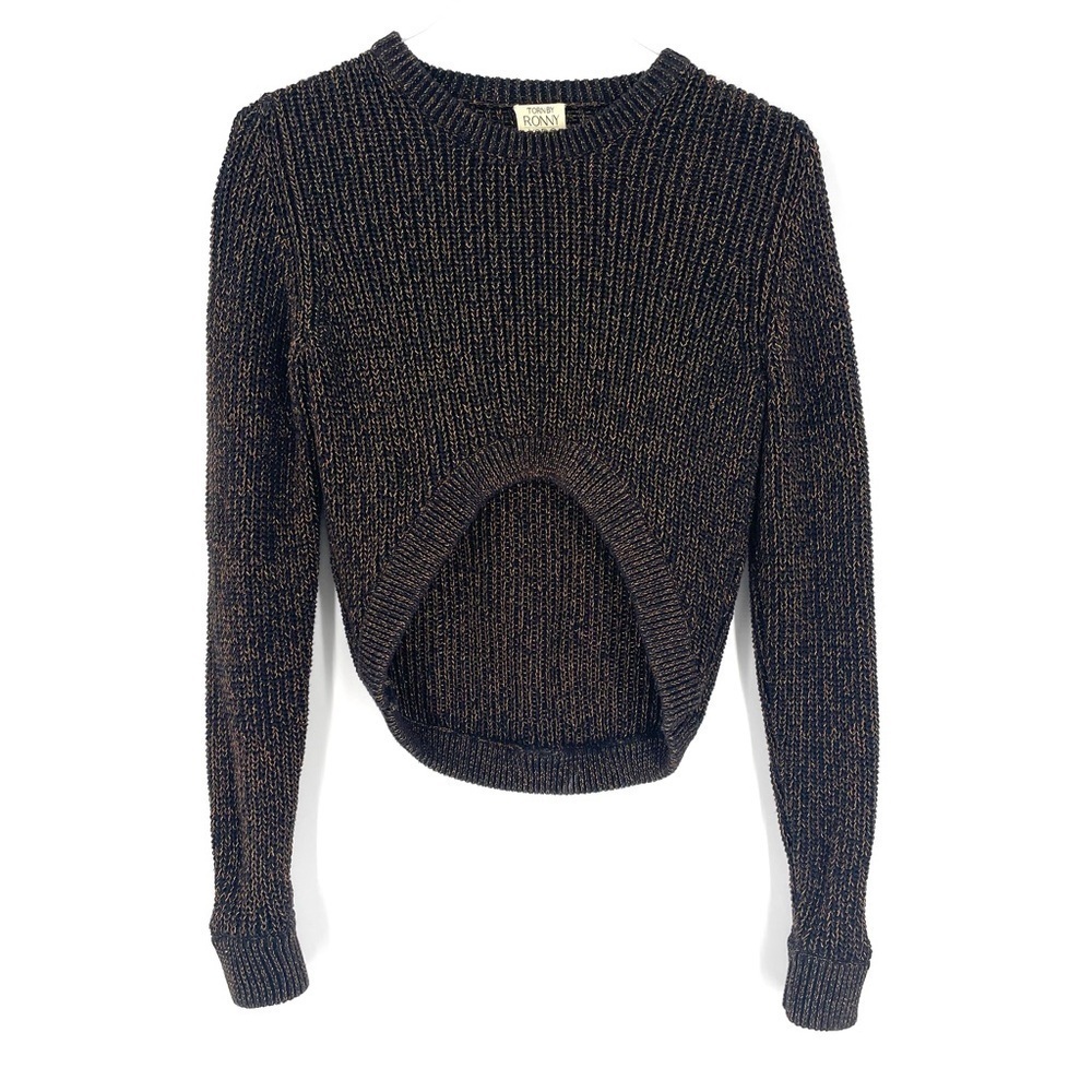 Torn Ronny Kobo Long Sleeve Metallic Knit High Low Crewneck Long Sleeve Sweater